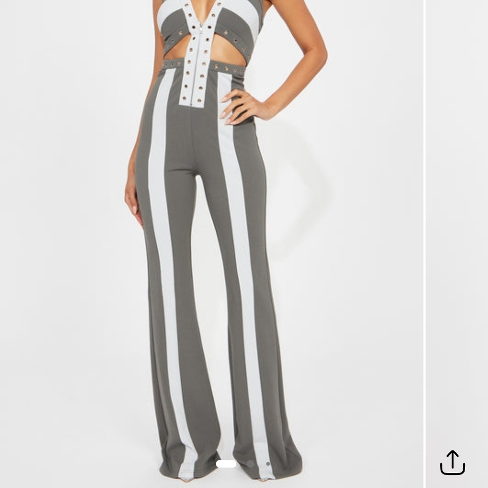 Fashion Nova Gray and White Striped Jumpsuit